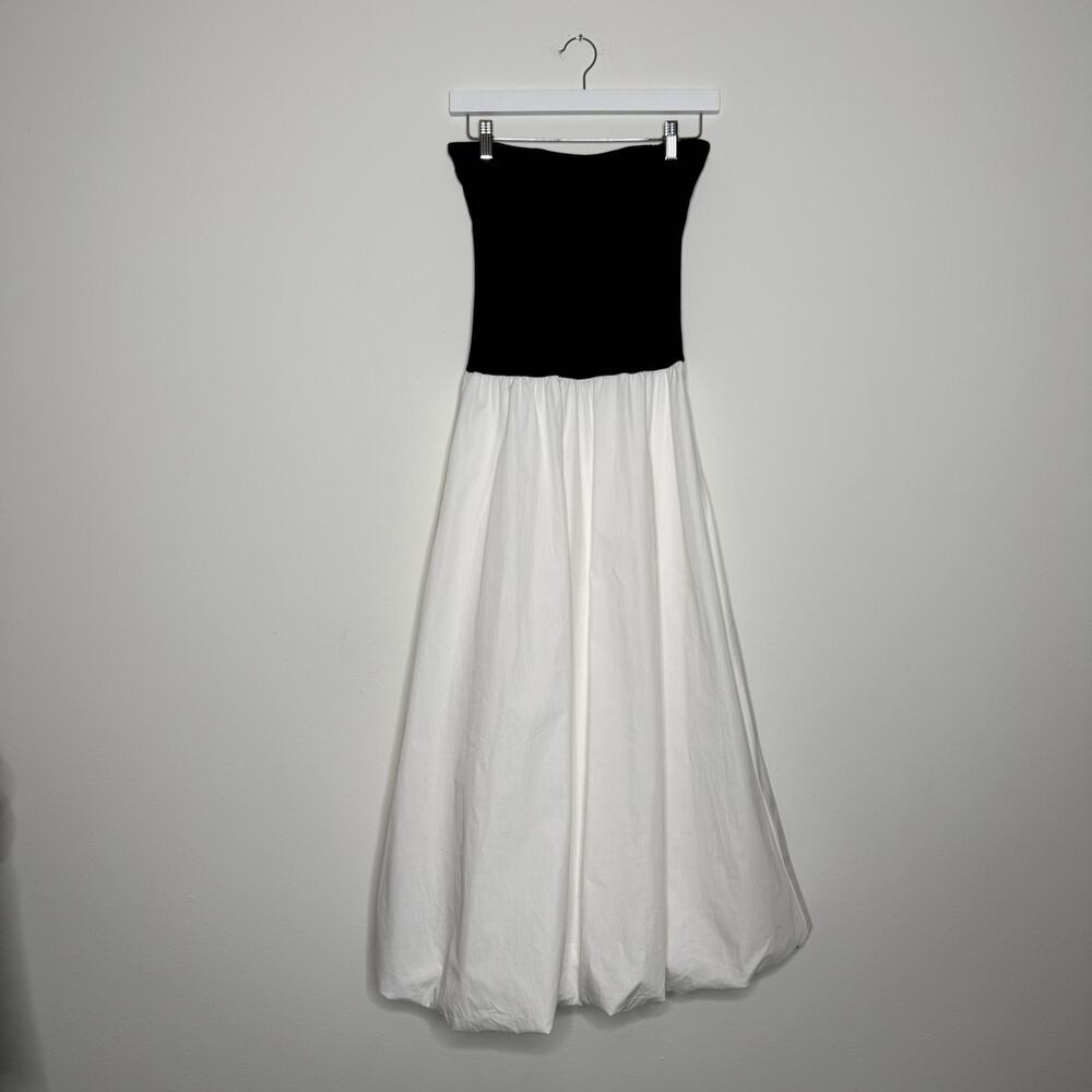 Mango MNG Strapless Bubble Hem Dress XS | Black & White Cotton Midi